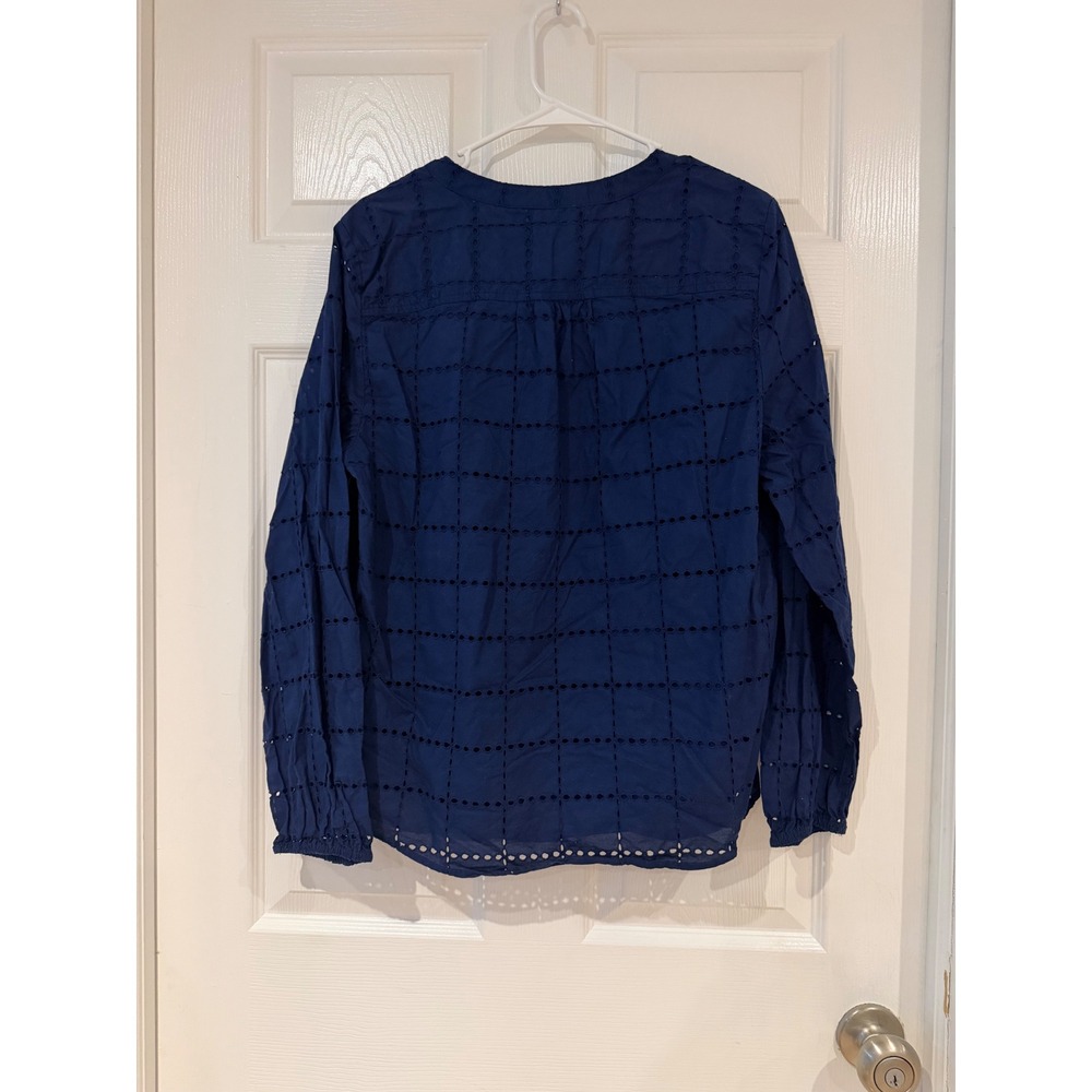 J.Crew Navy Blue Eyelet Cotton Long Sleeve V-Neck Tie Blouse Top Large - Picture 2 of 7